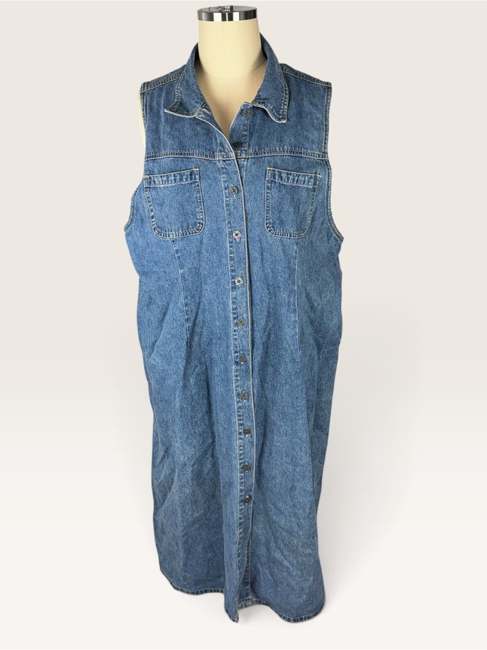 Vintage J.L. NY Woman Denim Maxi Dress 3X Plus Size Button Front Long Vest